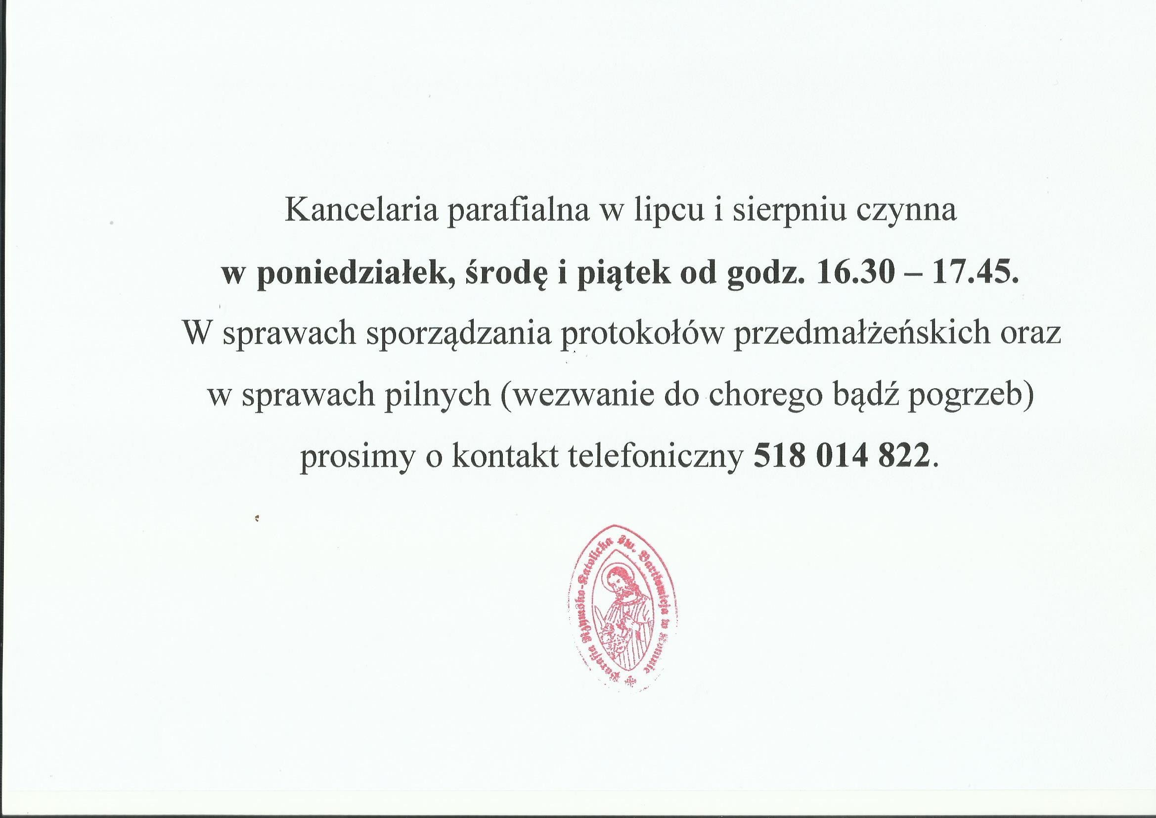 Wakacyjne zmiany w fukcjonowaniu kancelarii i posługi w konfesjonale